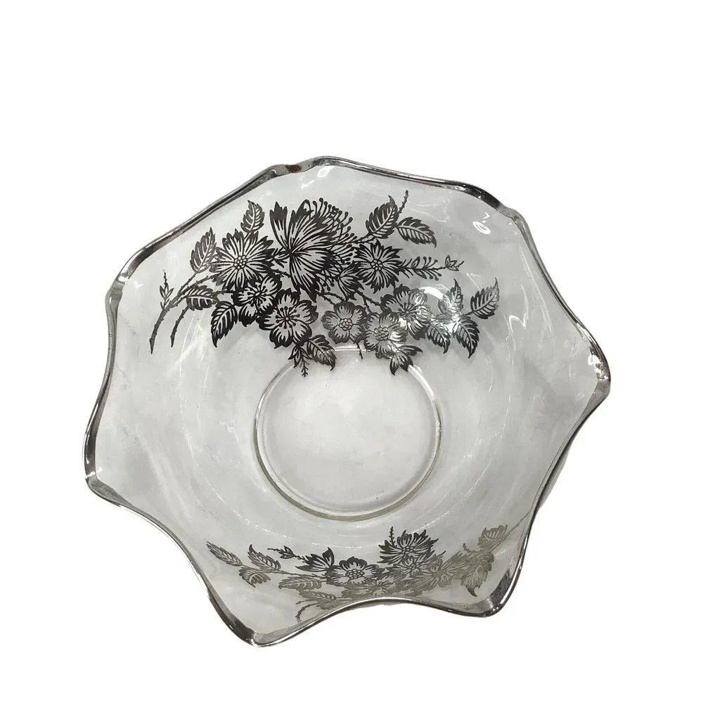 Vintage Silver Overlay Clear Glass Bowl Flowers Scalloped Edge Footed Candy Dish